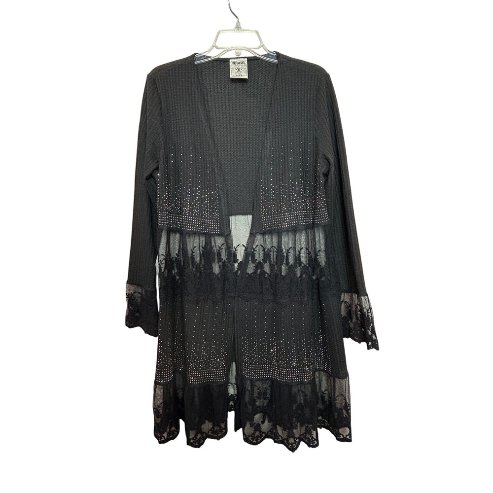 Vocal Cardigan Women Medium Black Rhinestone Lace Mesh Witchy Romantic Glam Goth